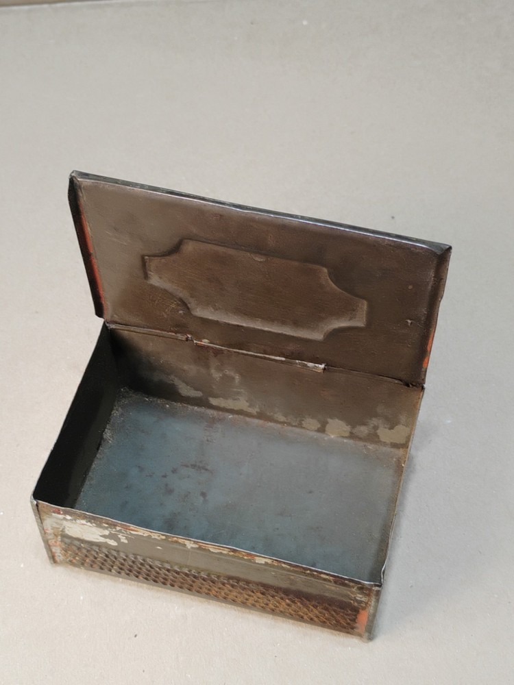 Antique Primitive Wall Mount Tin Match Safe Box w/ Striker Front