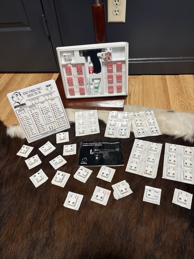 Vintage Studex Universal Ear Piercing Kit + 40+ Starter Stud Earrings & Display
