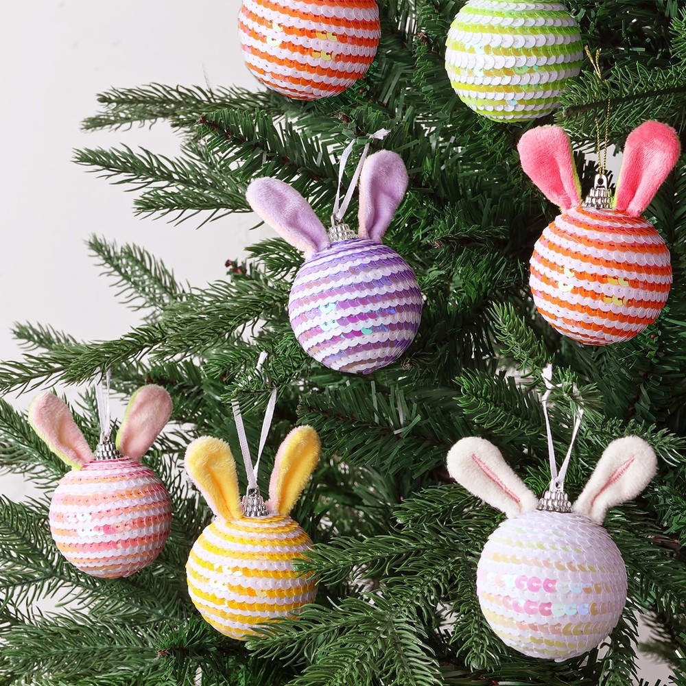 Easter Tree Decorations: 12pcs Sequin Easter Ornaments with Plush Bunny Ears, Pi