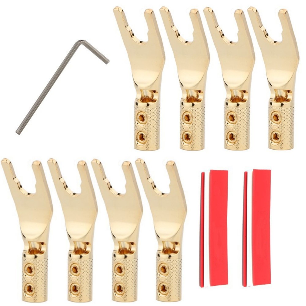 8Pcs Gold Plated Locking Y Spade Plug HiFi Speaker Cable Fork Connector DIY