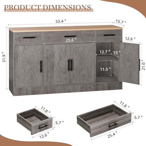 Buffet Cabinet with Storage,53.4" Large Kitchen Storage Cabinet with 3 Grey