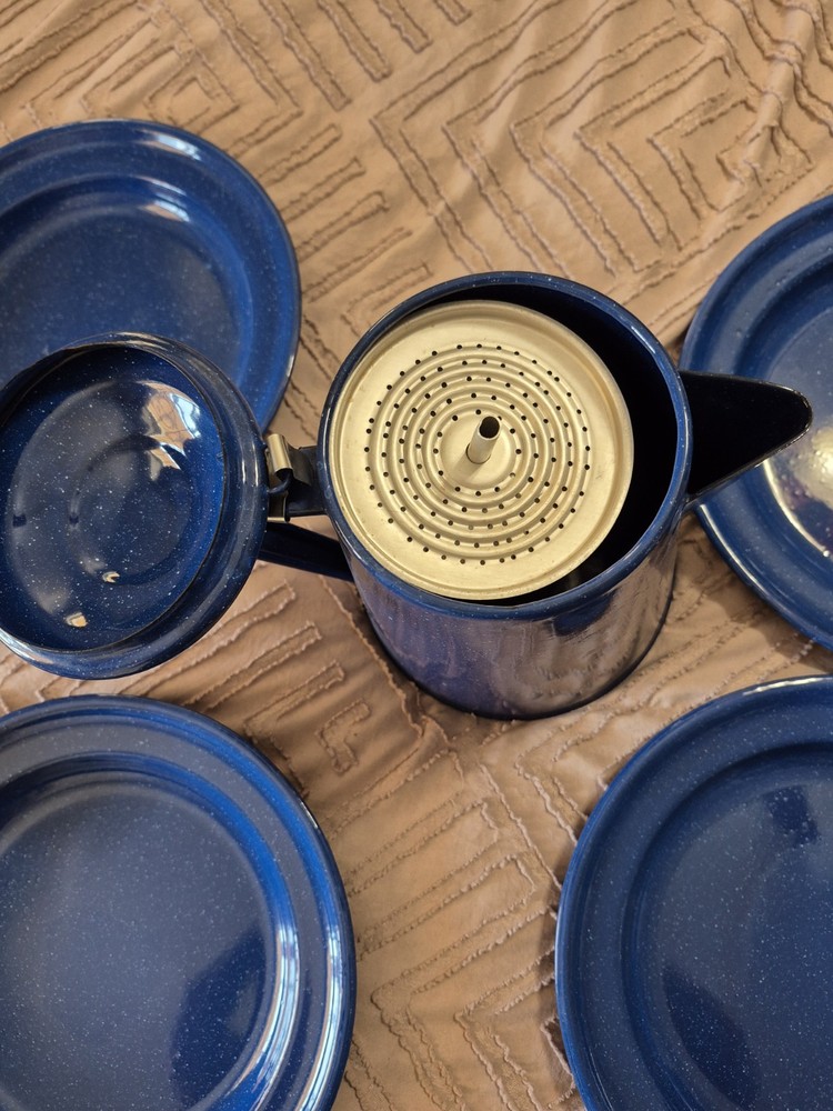 Blue Speckled Enamelware Camping Set - Coffee Pot Perculator & 4 Plates