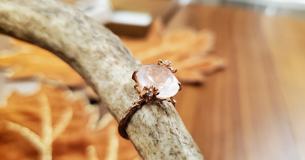 Unique Handcrafted Pink Moonstone Ring with Tiny Diamonds
