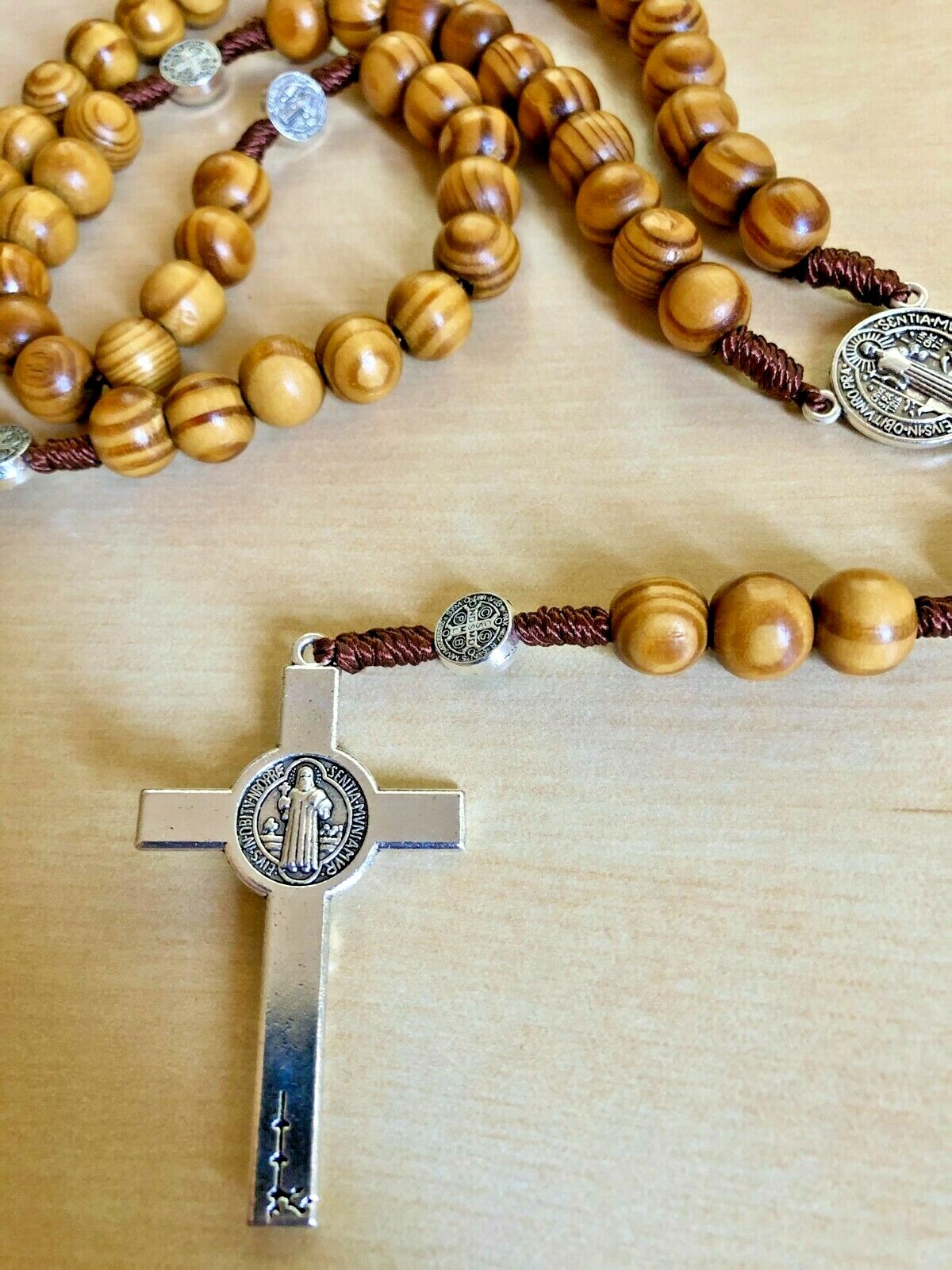Blessed Rosary Necklace Wood Beads Jerusalem Crucifix Holy Land