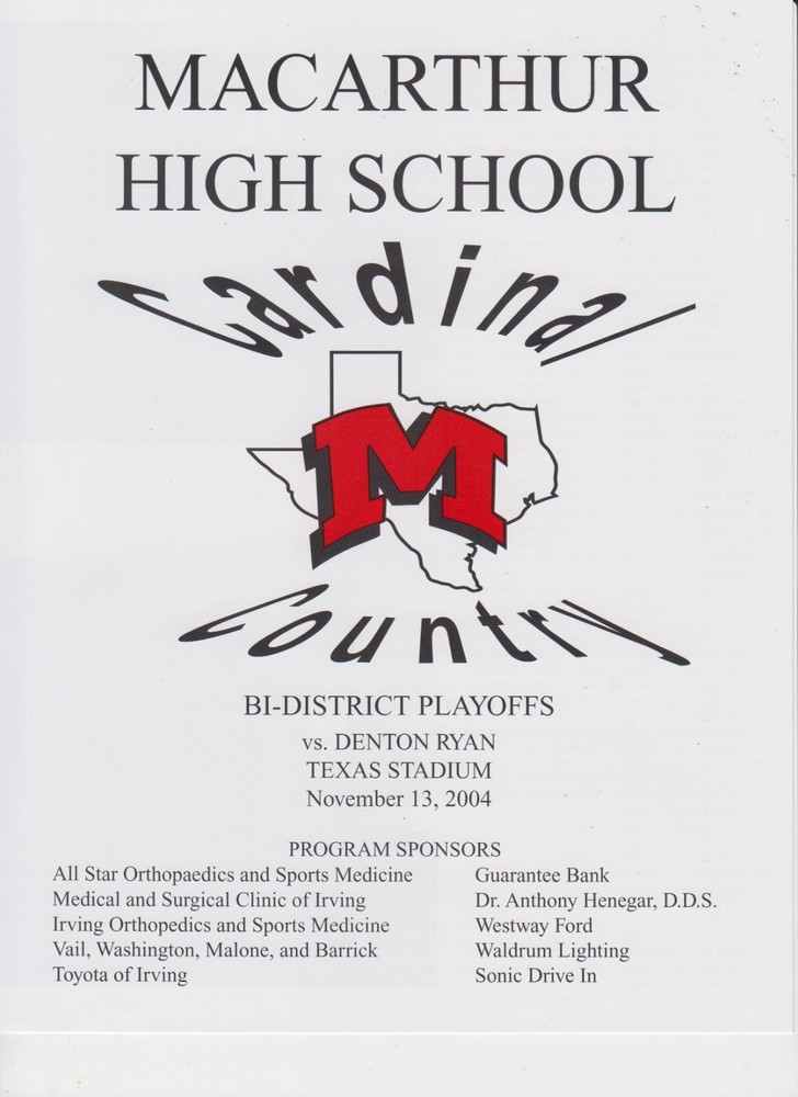 2004 Texas 5A High School Playoff Football Program-  MACARTHUR vs RYAN