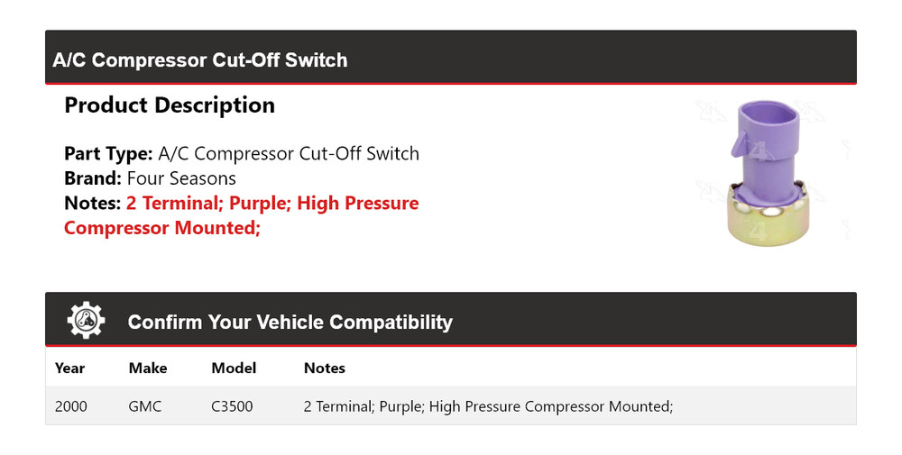 For 2000 GMC C3500 A/C Compressor Cut-Off Switch 4 Seasons