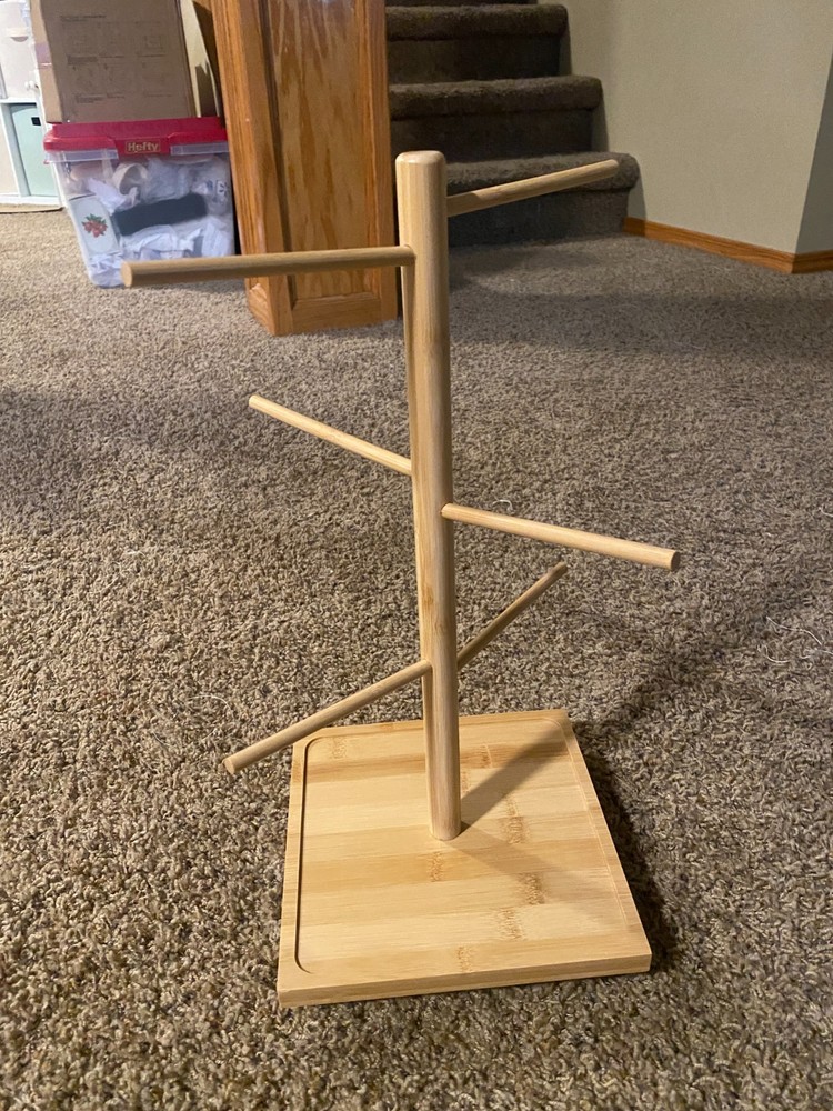 Rotating Bamboo Mug Tree Stand on Square Base – Coffee Cup Holder Rack, 16" Tall