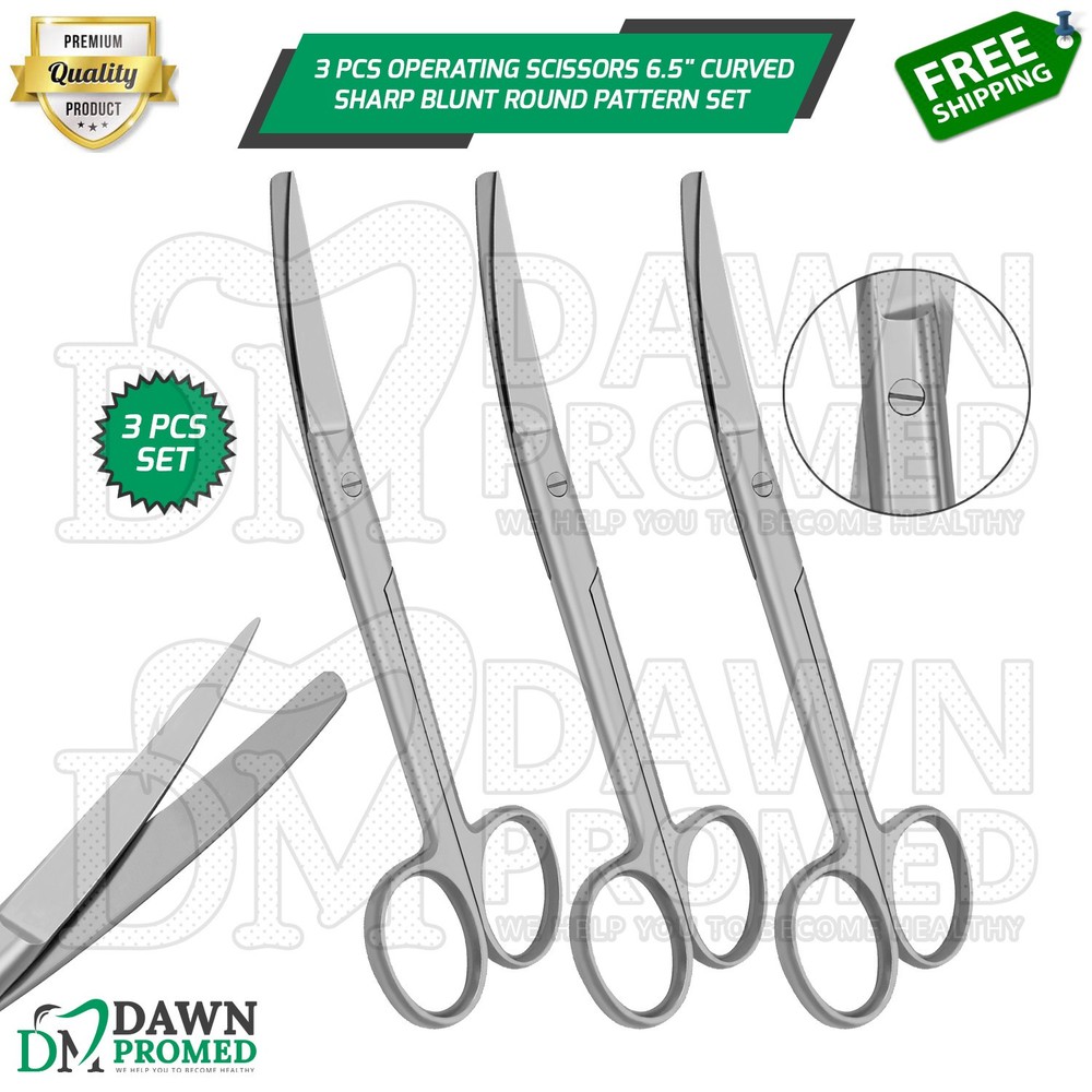 3 Pcs Operating Scissors 6.5" Curved Sharp Blunt Round Pattern Surgical Set