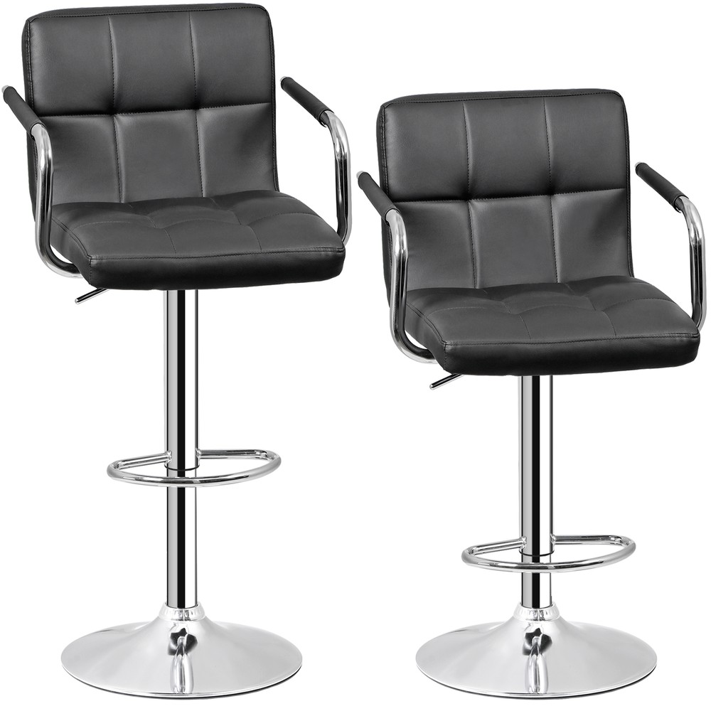2PCS Adjustable Bar Stools PU Leather Modern Dinning Chair with Armrest Black
