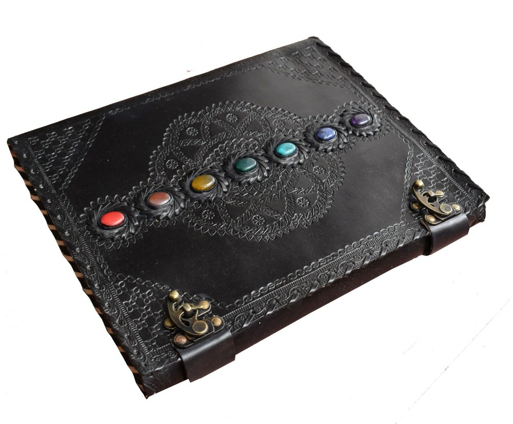 Seven Chakra Stone Embossed Black Leather Journal Book Diary Sketch Notebook