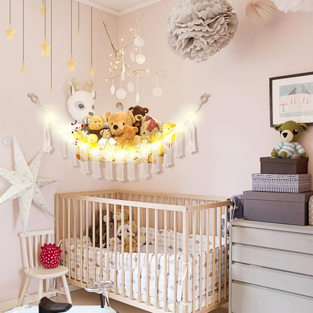 Stuffed Animal Hammock with LED Light, Large Stuffed Animals Storage Corner Plus