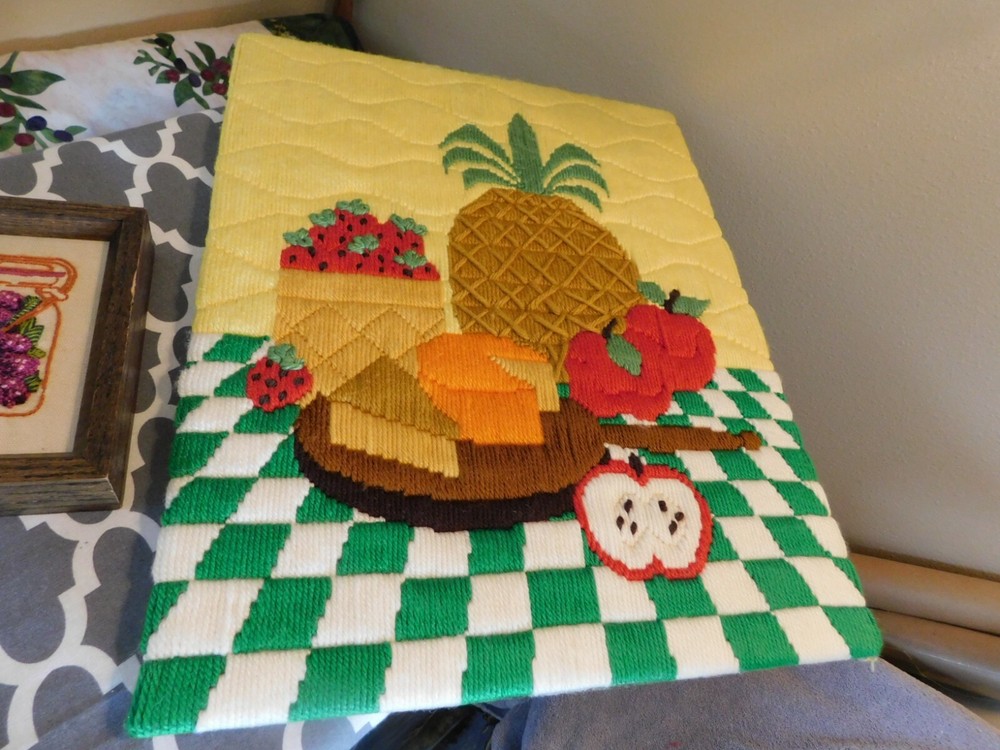 Needlepoint Fruit w/ Cheese Crewel Embroidery Berry Jam COMPLETED Handmade