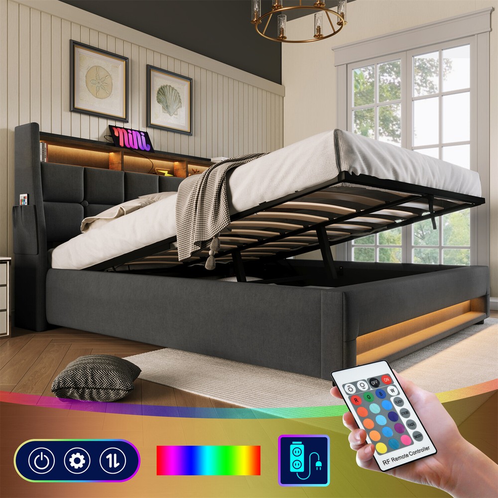 Queen Size LED Bed Frame Upholstered Platform Bed w/ Hydraulic Storage System