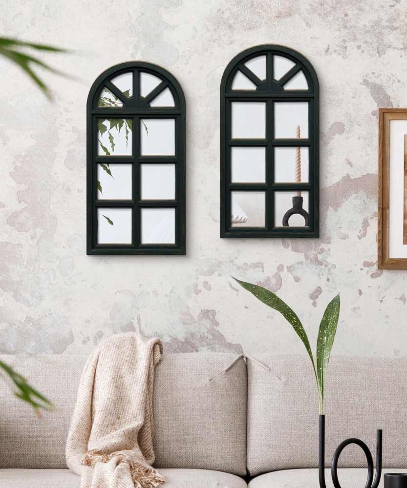 Set of 2 Arched Window Frame Wall Decor with Acrylic Mirror Rustic Decorative...