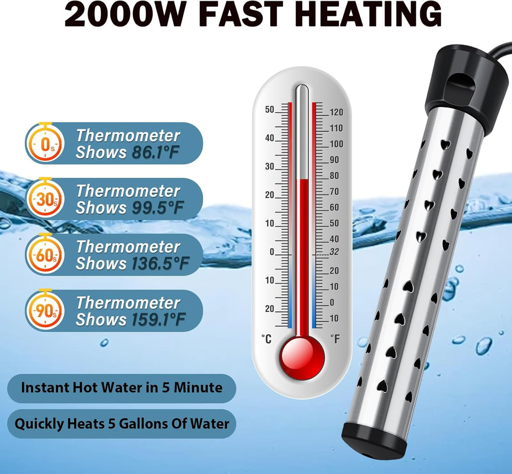 2000W Immersion Heater, Portable Electric Water Heater Fast Heating for Buckets