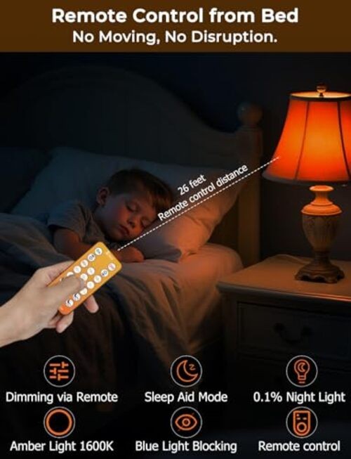 Sleep Light Bulbs 1600K with Remote Control, E26 Blue Light 4 Packs Amber