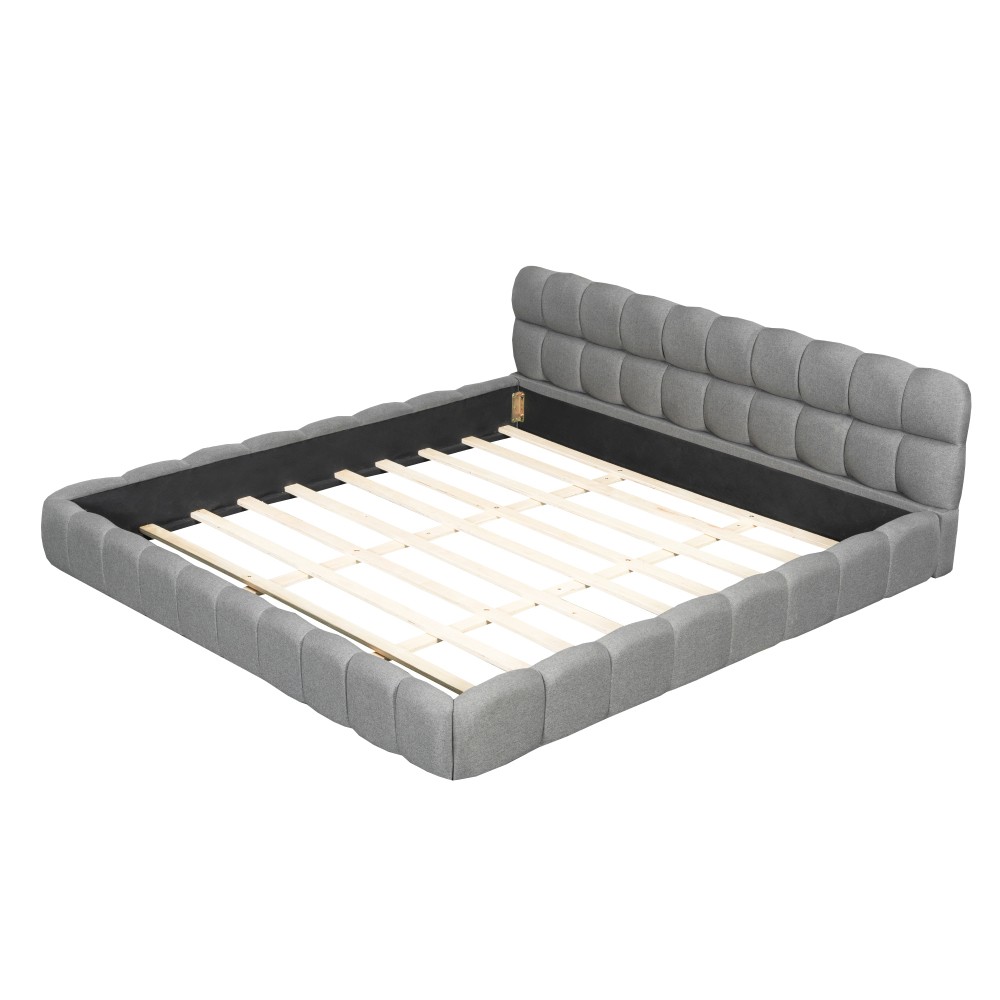 King Upholstered Platform Bed w/ Solid Wood Frame, Gray Linen, 2000lbs Support