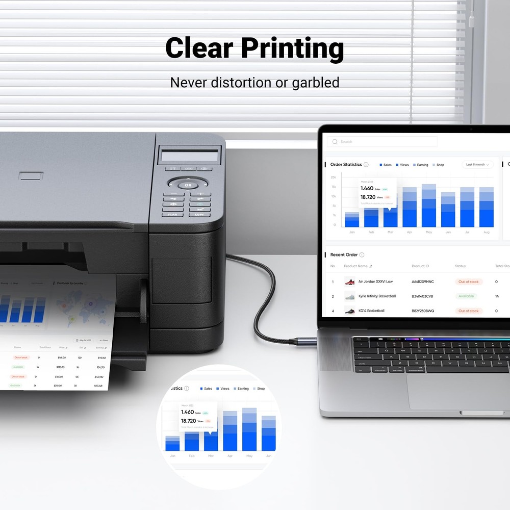 UGREEN USB B to C Printer Cable 3 FT, Nylon B USBC 3 Silver