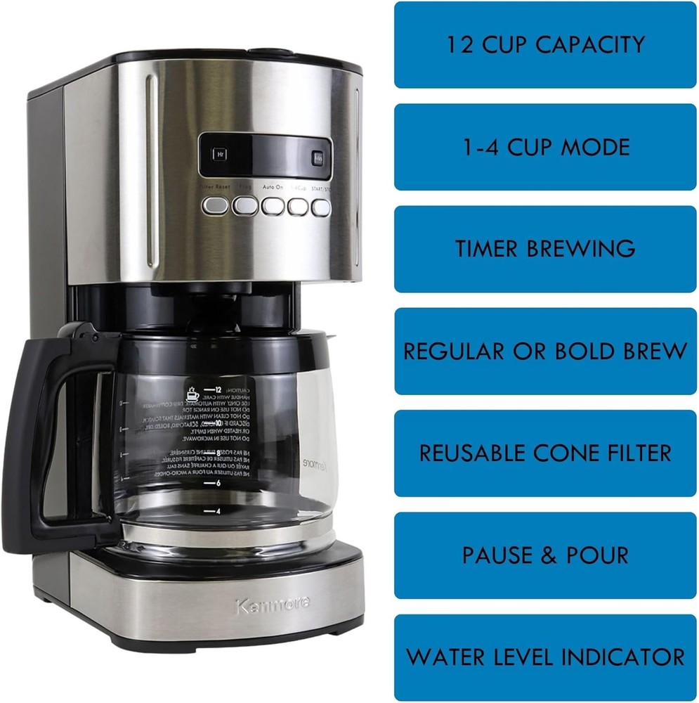 Kenmore Drip Coffee Maker - 12 Cup Programmable Cafe Machine With Glass Black