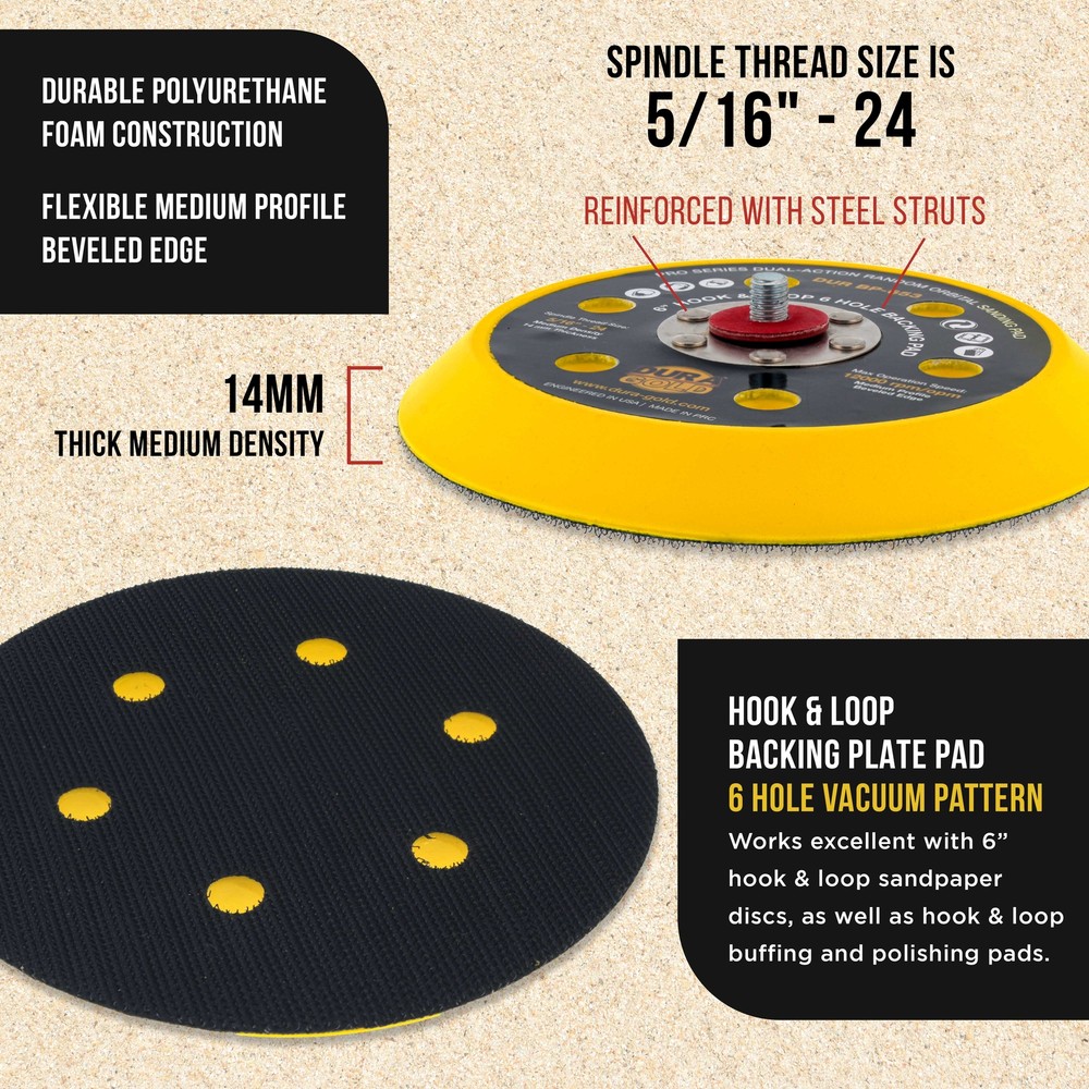 Dura-Gold 6" Hook & Loop DA Sander Backing Plate Pad 6 Hole Pattern 14mm Sanding