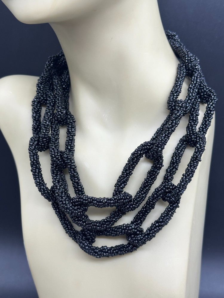 ESTATE HUGE STATEMENT BLACK SEED BEAD SEEDBEAD CHAIN NECKLACE 40"