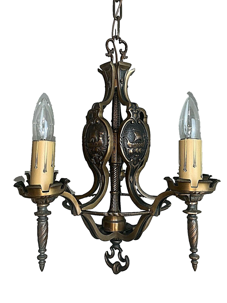 1930's HIGH QUALITY 5 LIGHT SOLID BRONZE MARITIME CHANDELIER