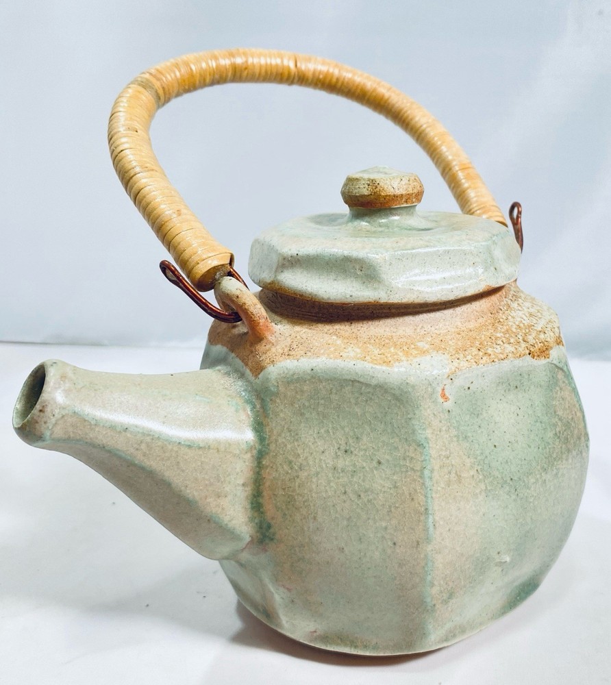 Studio Pottery Celadon Teapot Small Ceramic Rattan Wrapped Handle