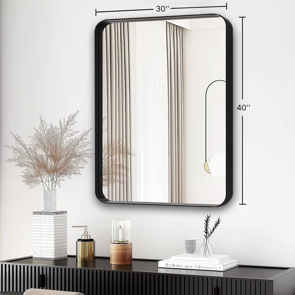 Black Mirror for Bathroom Wall - 40x30 Inch Large Reactangular Metal Framed M...