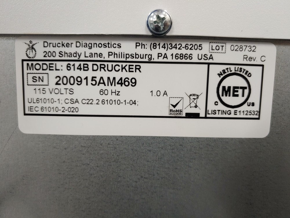 DRUCKER DIAGNOSTICS 614B Fixed Angle Single-Speed Centrifuge