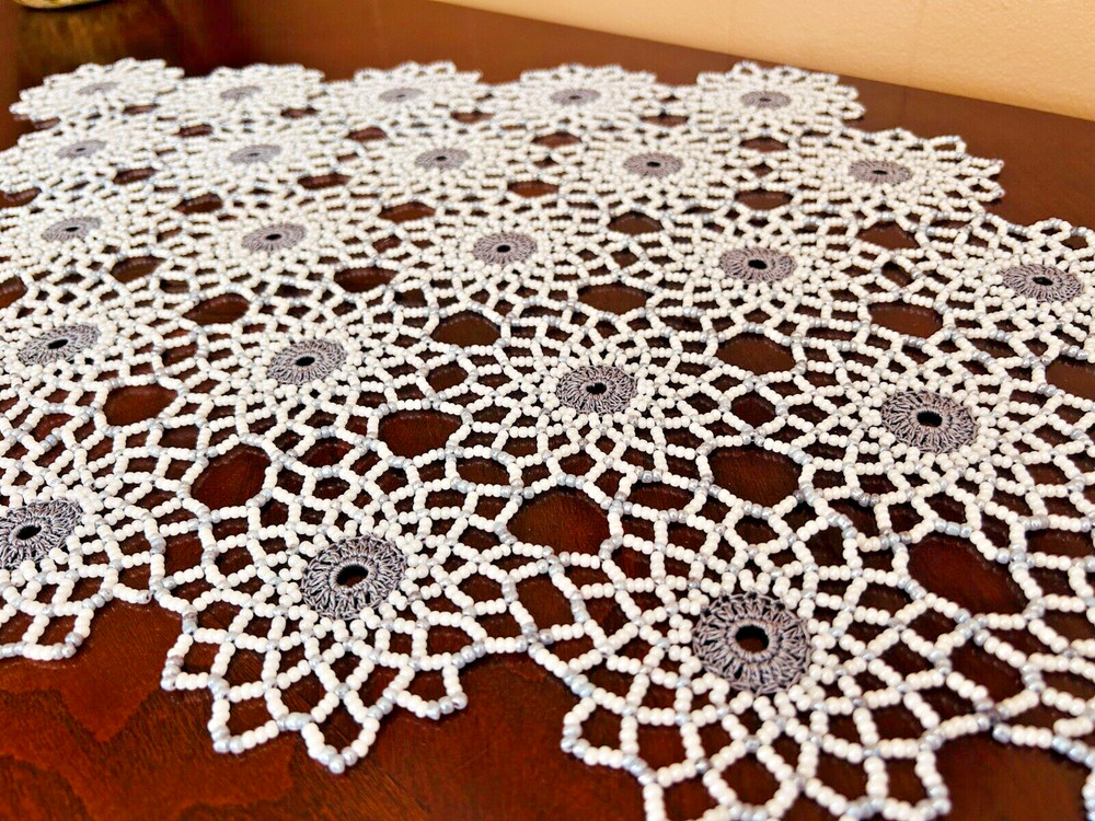WHITE & GRAY CROCHET BEADED DOILY 28"/17" Handmade