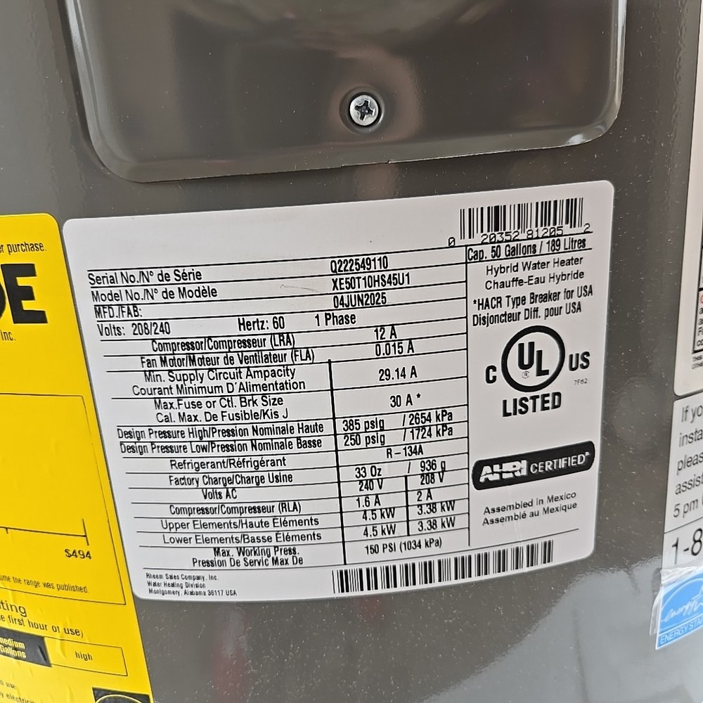 *READ DESC* Rheem Hybrid ProTerra Smart Tank 50 Gal. Water Heater XE50T10HS45U1