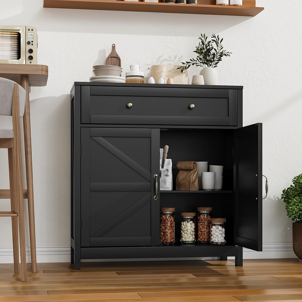 Buffet Sideboard W/ 2 Barn Doors,Black Kitchen Cabinet W/ Adjustable Shelf