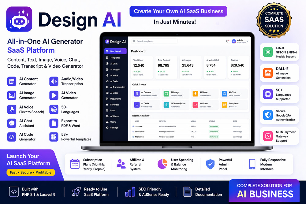 Design AI SaaS Platform – AI Content, Image, Voice, Chat, Code & Video Generator
