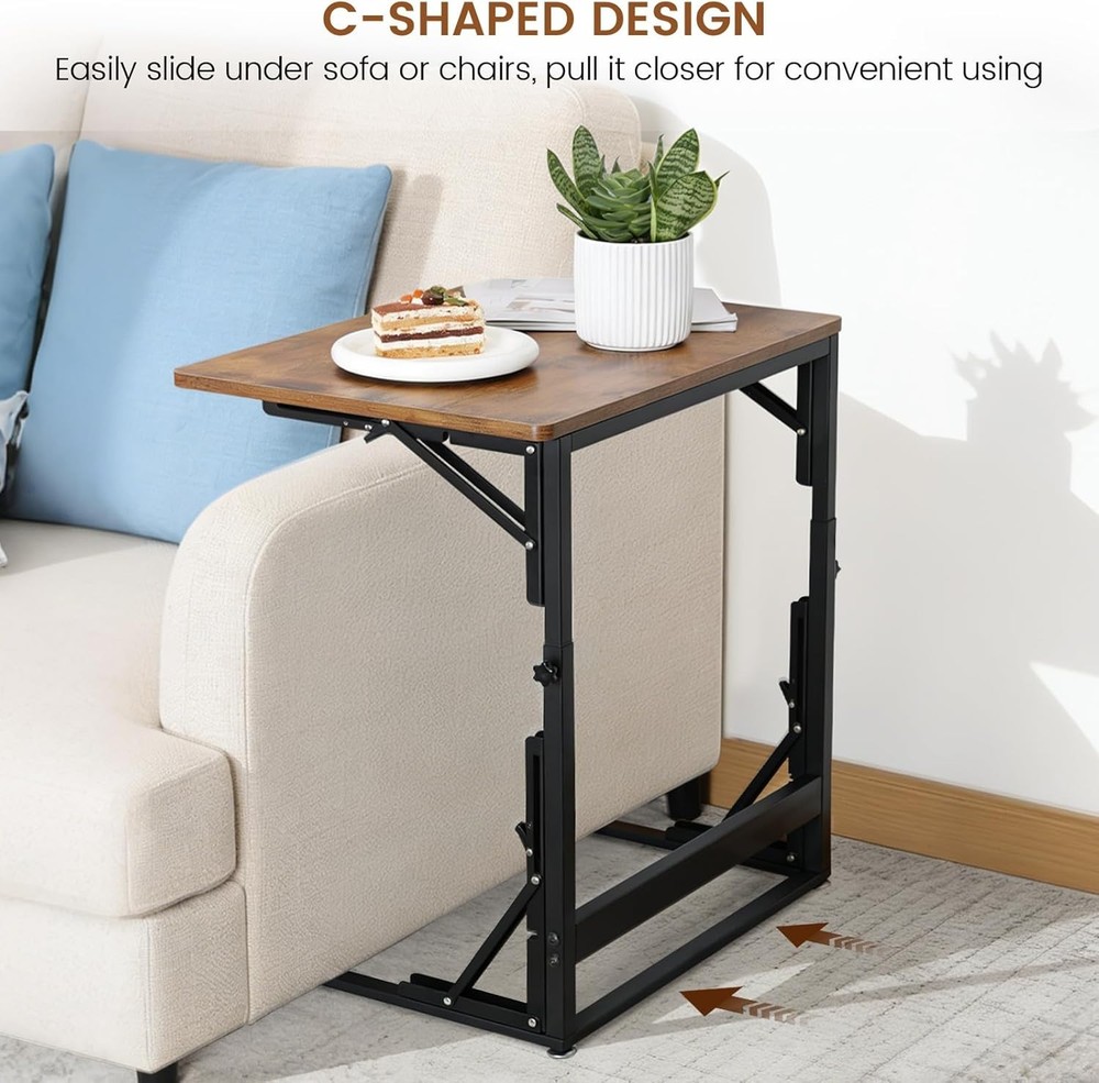 Folding Side Table Adjustable C-Shaped End Table Couch Metal Frame TV Tray Table
