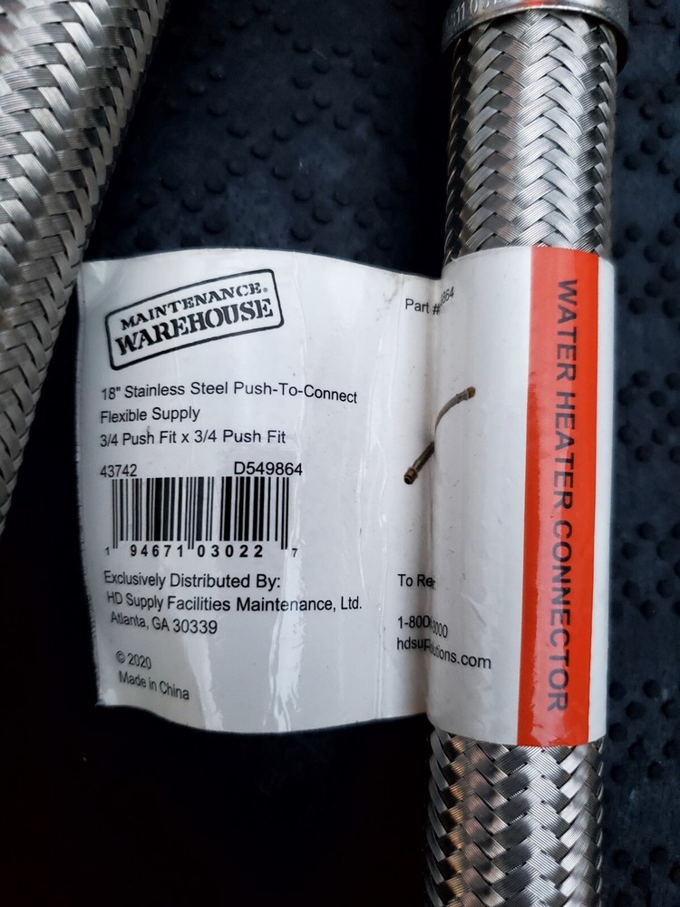 2 PACK Water heater push to connect 3/4" 18 SUPPLY FLEX HOSE Stainless steel