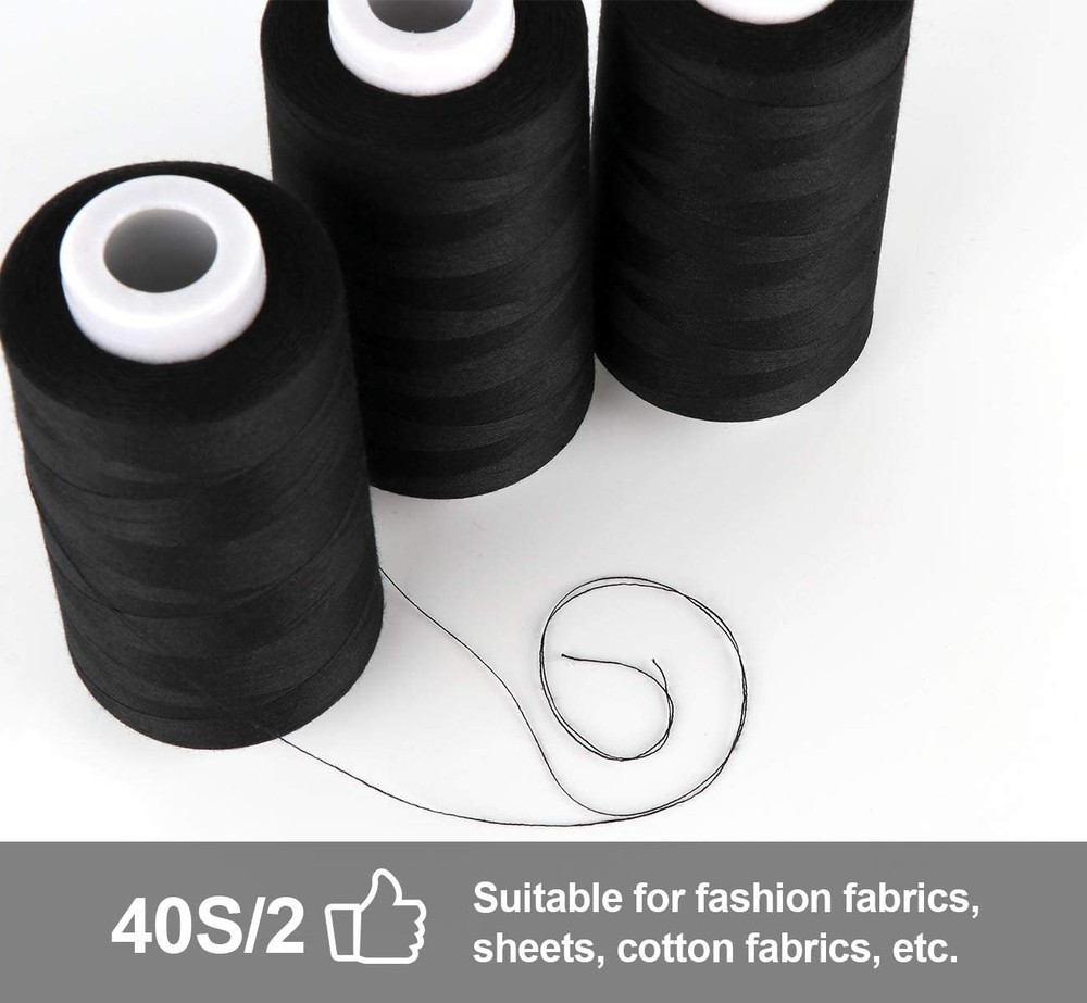 4 x 3000 Yards Serger Thread Spools Black Polyester Overlock Cone Sewing Set
