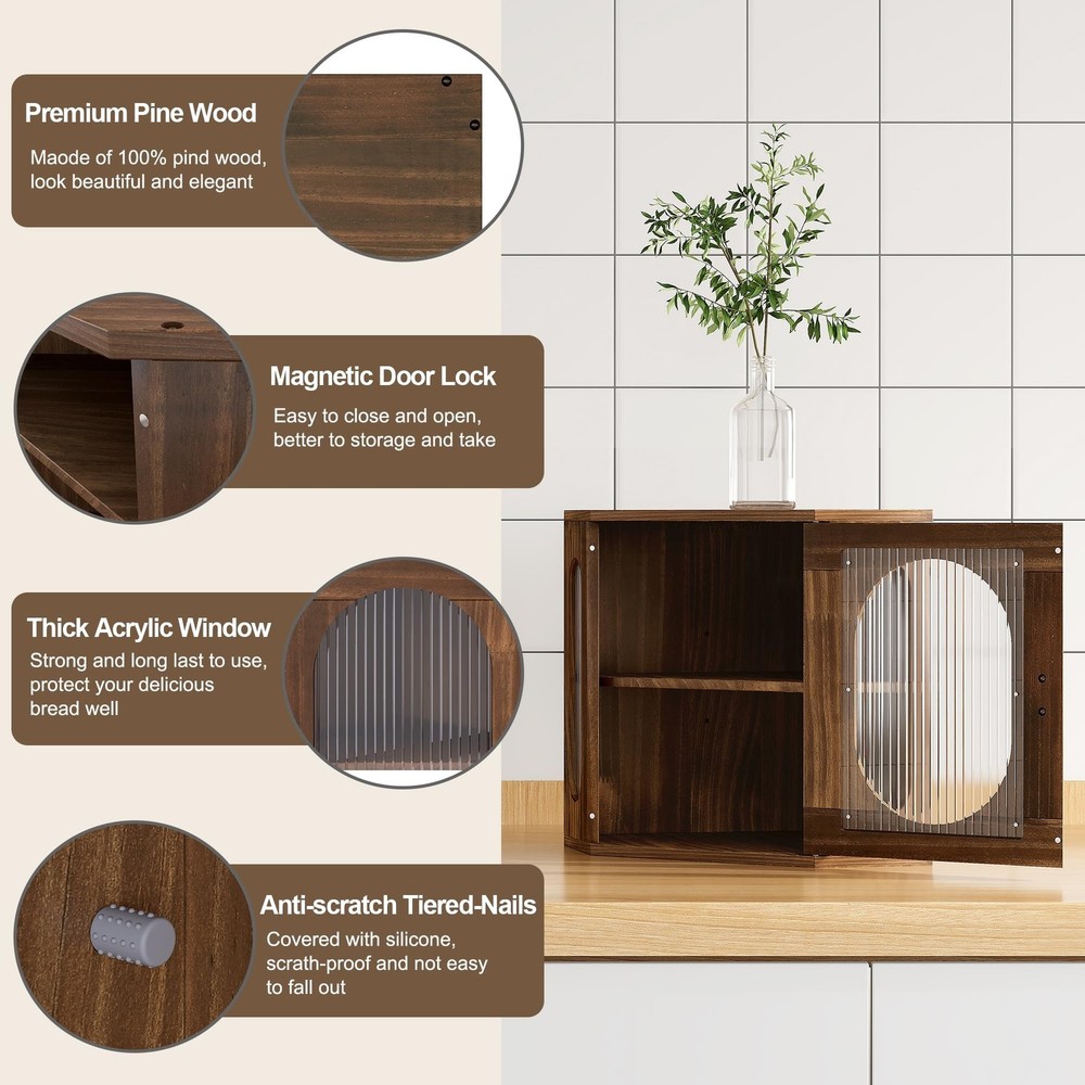 Alpeir Corner Bread Box, Solid Wood Double Layer Adjustable Large Capacity, F...