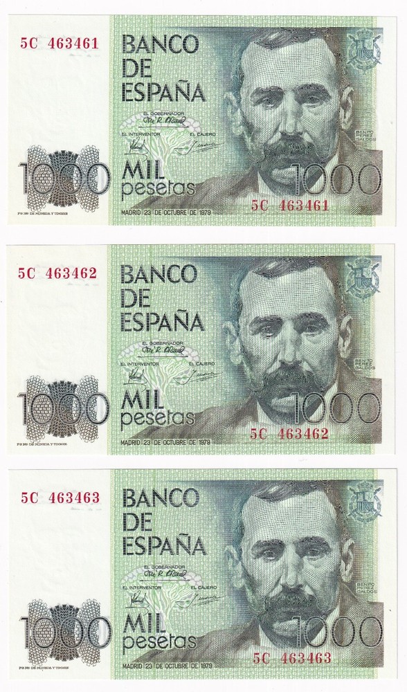 Spain 1000 Pesetas dated 1979 P158 3 x consecutive notes UNC