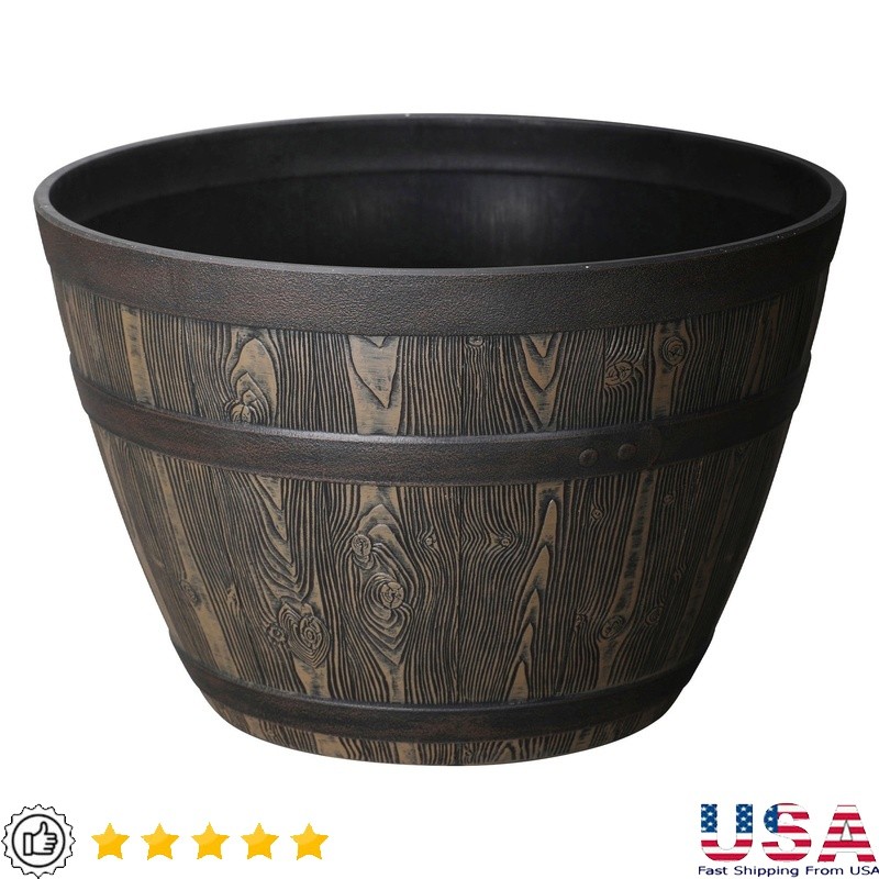Rustic Whiskey Barrel Planter Recycled Plastic Drainage UV Resistant Lightweight
