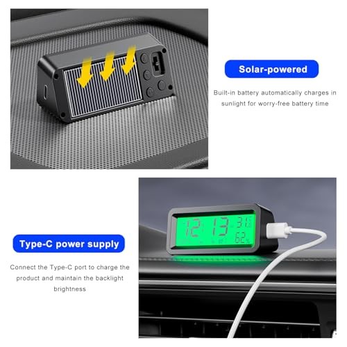 Car Digital Dashboard Clock, Solar Power Rechargeable Vehicle Electronic Clock