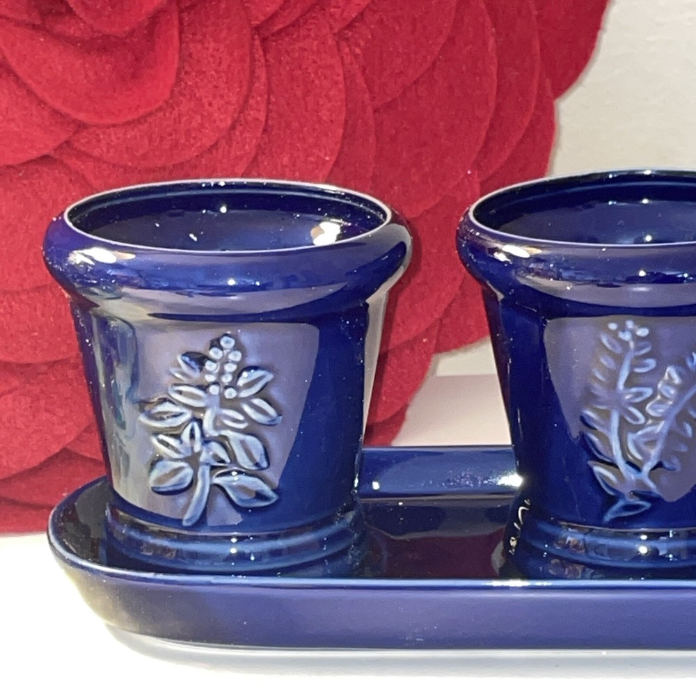 3 Cobalt Blue Succulent Ceramic Planters on Matching Base 3 3/4" Embossed