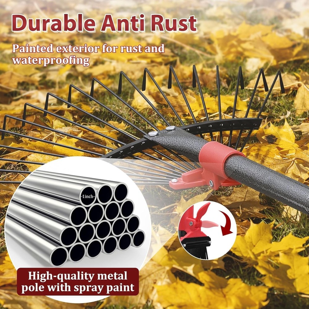 Versatile 76-Inch Garden Rake with 18 Adjustable Tines - Effortless Yard Work