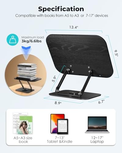 Book Stand for Reading,Book Holder, Height&Angle Adjustable, 360° Rotating