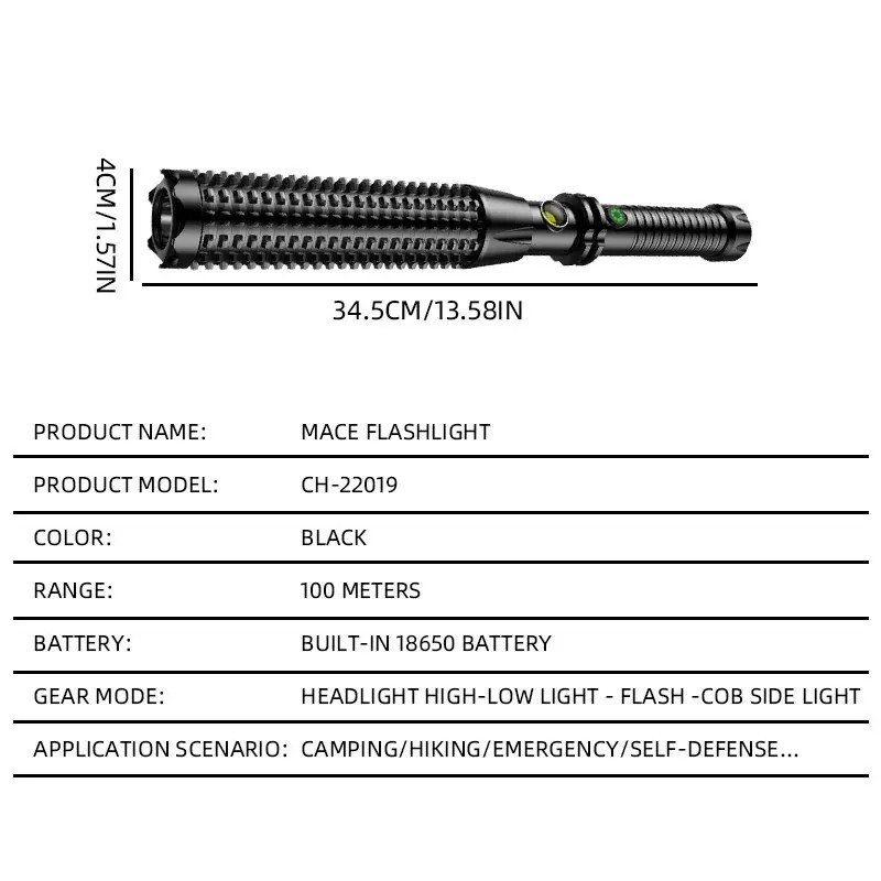 Rechargeable Tactical Flashlight Long Handle Self Defense Torch Window Breaker