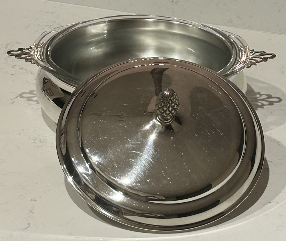 Vintage Silver Plated 2 Quart Covered Casserole with Pyrex Liner Insert