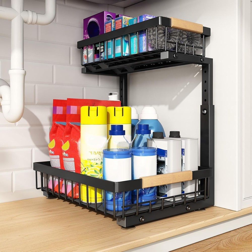 Under Sink Organizer Adjustable Height 2 Tier Pull Out Under Cabinet Organizer