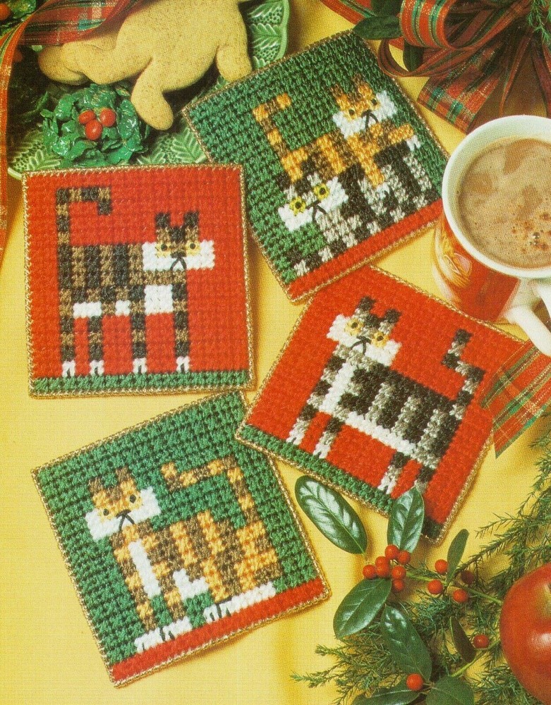 TABBY CAT COASTERS CHRISTMAS PLASTIC CANVAS PATTERN INSTRUCTIONS
