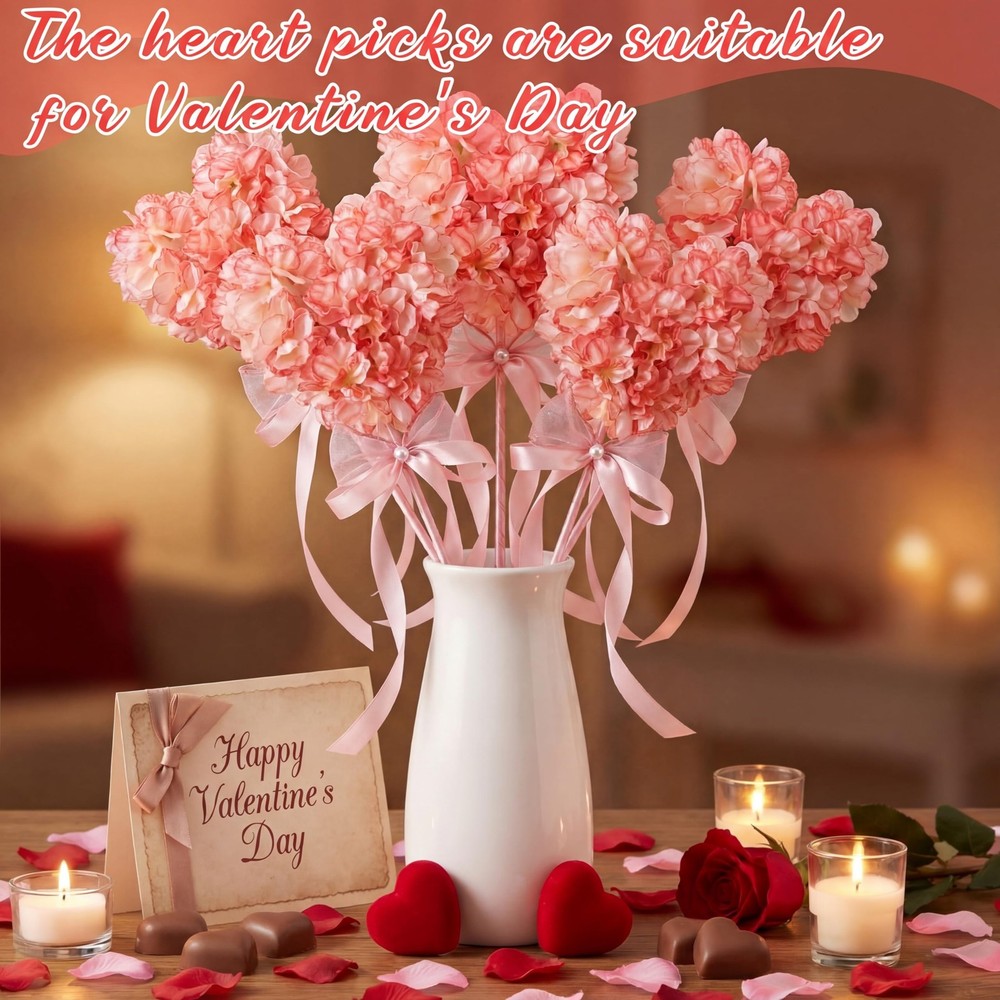 Suncalla 6 Set Heart Shaped Artificial Hydrangea Decor, Romantic Pink