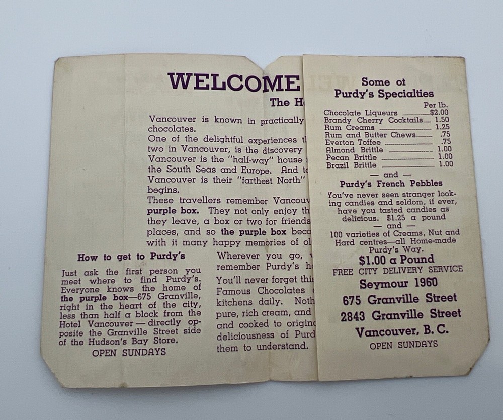 CANADA, Circa 1950’s R. C. Purdy's chocolates Leaflet