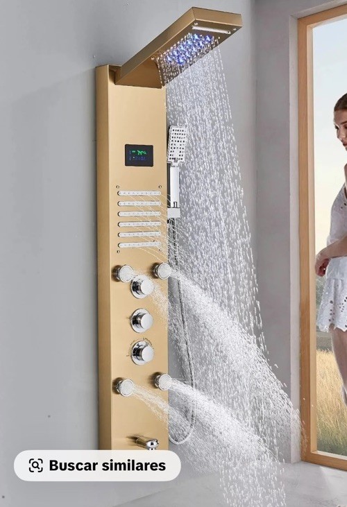 Gold Brushed Modern Shower Panel Massage Jets LED Lights Rainfall Handheld